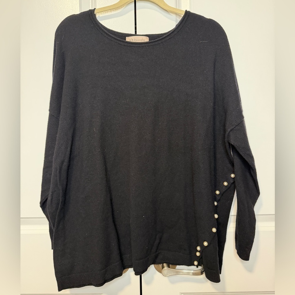 Philosophy Black Knit Sweater Women’s 3X Faux Pearl Side Button Casual Top